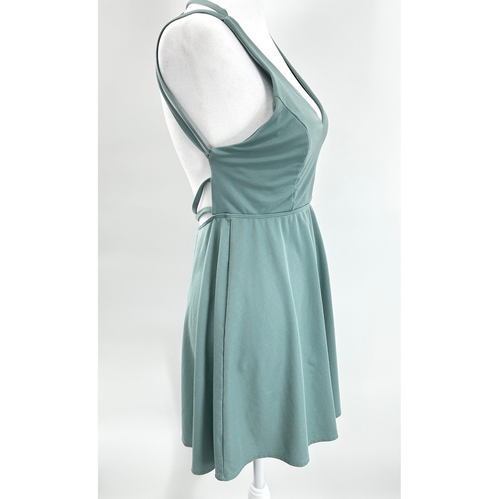 Sage Green Strappy Back Skater Dress Soft Stretch Minimal A-Line M - Picture 3 of 9
